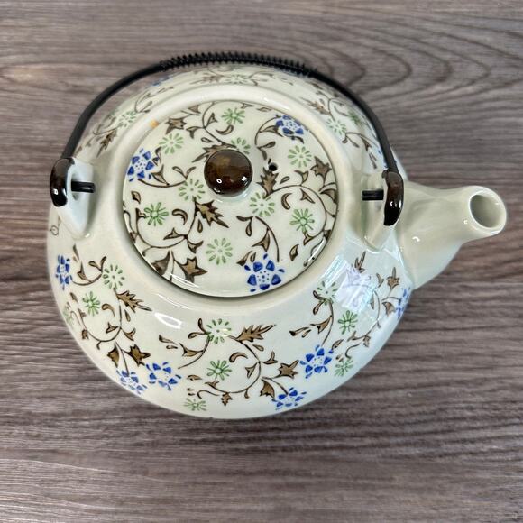 Pier 1 Tomoko Teapot w/ Removable Lid Metal Handle Hand-Painted Porcelain White - Picture 2 of 6